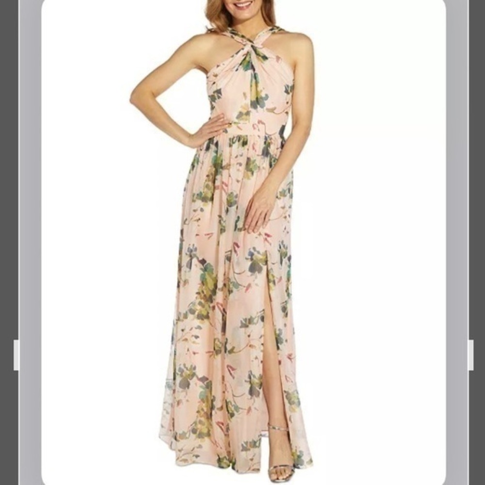 Adrianna Papell Floral-Print Twist Halter Gown in Blush Multi